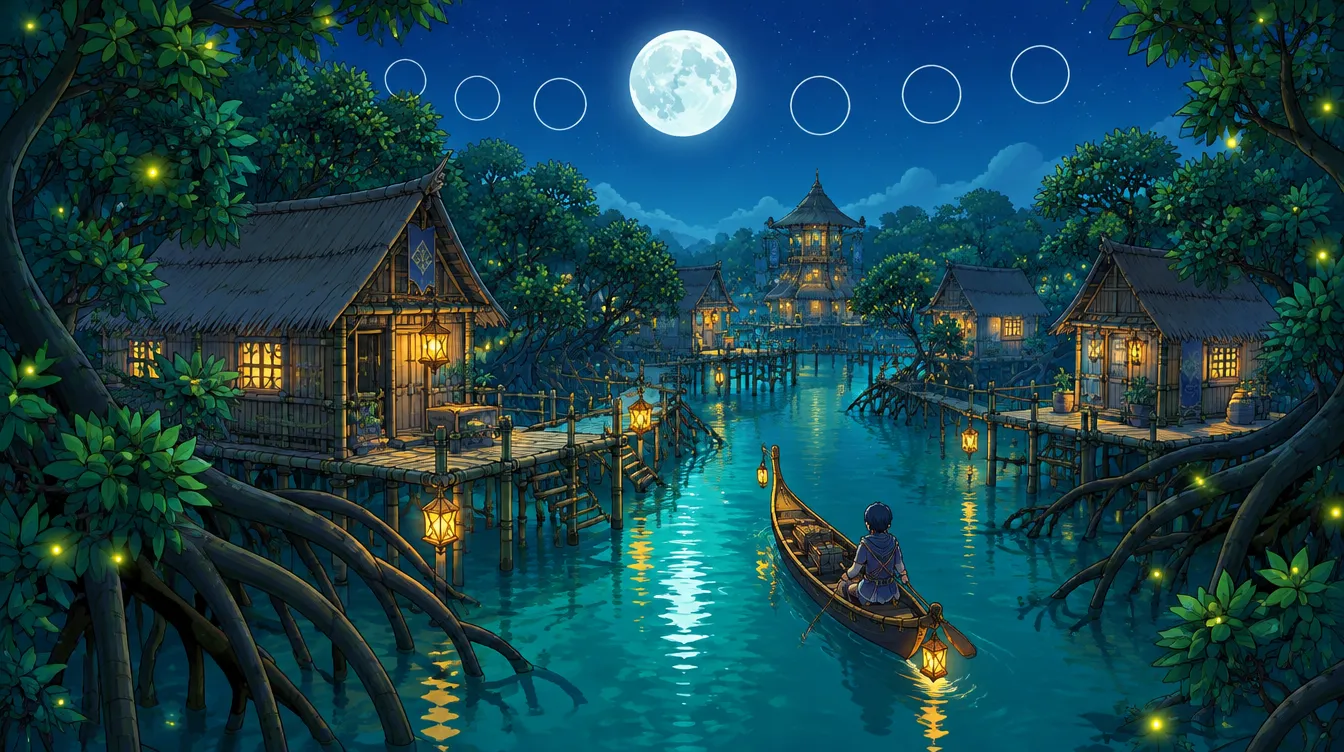 Rumah panggung Tanglewater di antara akar bakau, jalan bambu di atas air hijau kebiruan, kunang-kunang di dedaunan.