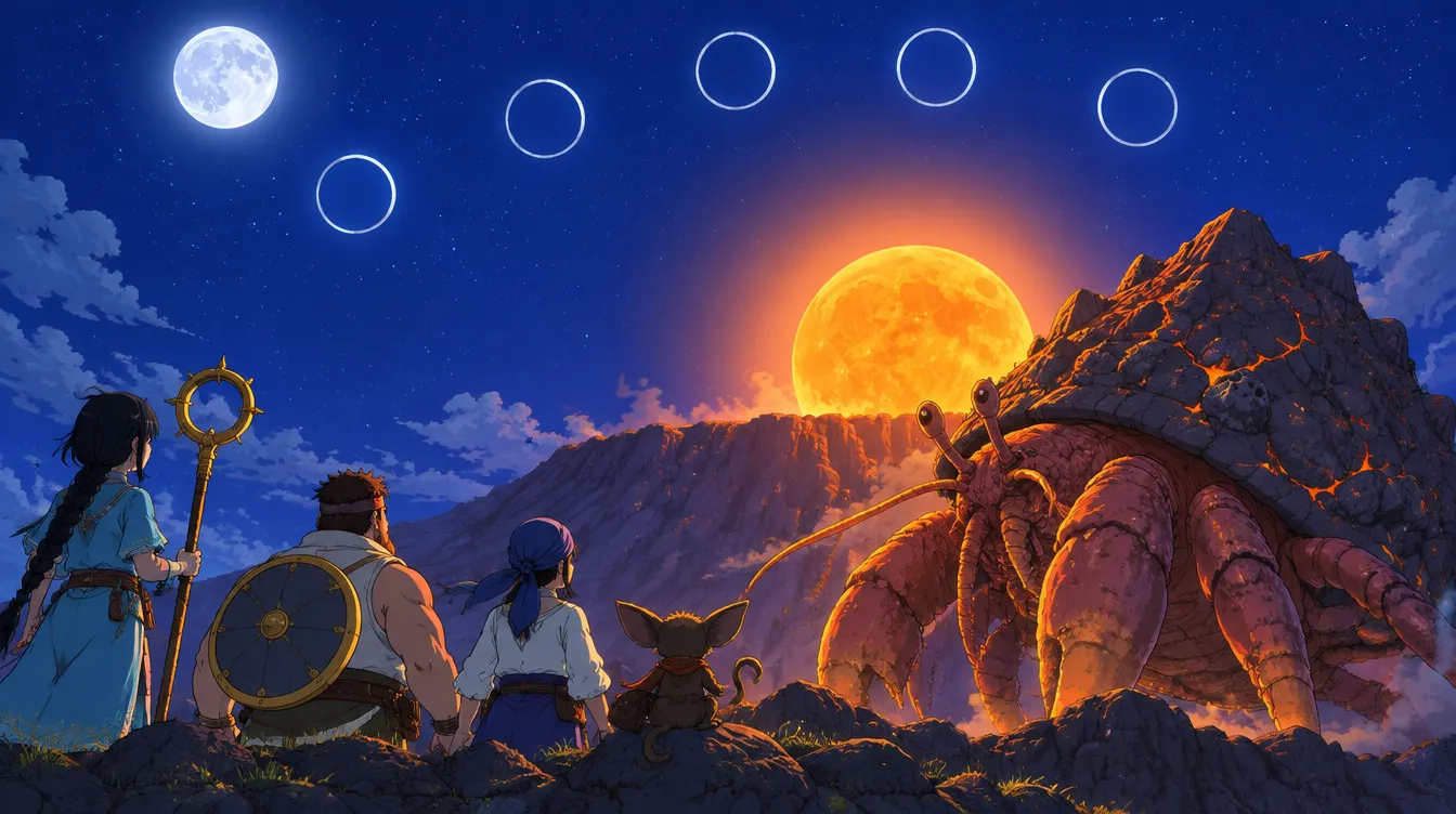 Kettlemoon, bulan jingga, naik dari kawah Kettlecone. Mirel, Bastian, Sela, dan Pip menatapnya dari bibir kawah, dan kelomang batu raksasa diterangi cahayanya.